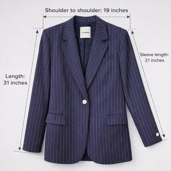 SANDRO Paris women’s blazer in classic navy blue with fine pinstripes. - Picture 2 of 7